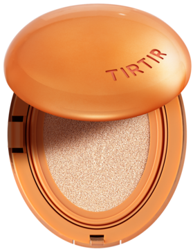 Otwarty mini podkład TIRTIR Mask Fit AI Filter Cushion 17N, bursztynowy, błyszczący kompakt z jasnym wkładem.