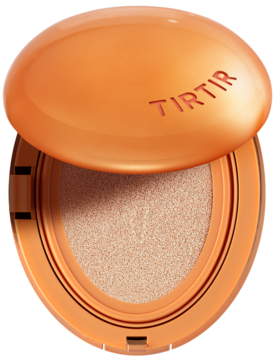 Otwarty, pomarańczowy kompakt mini podkładu TIRTIR 22N Shell Beige, matowe wykończenie, widok z góry.