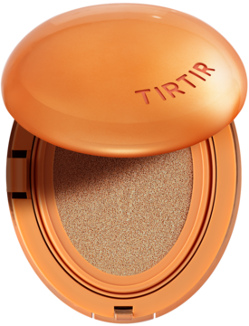 TIRTIR Mask Fit AI Filter Cushion 29N, otwarty, pomarańczowy mini podkład matujący, z góry, beżowa gąbka.