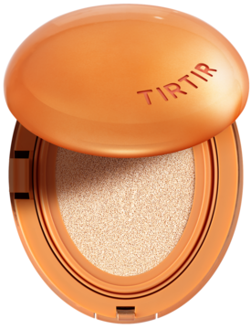 Mini podkład w kompakcie TIRTIR Mask Fit AI Filter Cushion 13N Fair Ivory, otwarty, pomarańczowy, z matowym efektem.