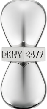 Srebrna, metaliczna butelka perfum DKNY 24/7 w kształcie klepsydry, z logo na środku, widok z przodu.