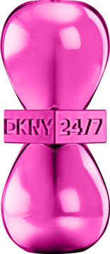 Różowy, błyszczący flakon perfum DKNY 24/7 w kształcie klepsydry z wytłoczonym logo na środku, widok z przodu.