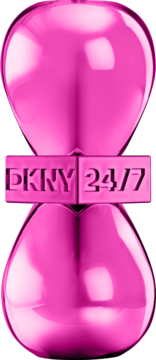 Różowa woda perfumowana DKNY 24/7 Electric, błyszczący flakon w kształcie klepsydry z napisem DKNY 24/7.