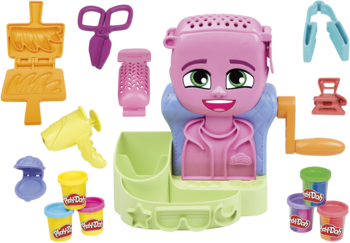 Największy zestaw Play-Doh Duża Głowa do Stylizacji, z różową postacią, suszarką i ciastoliną.