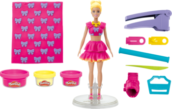 Zestaw Play-Doh Barbie: lalka w różowej sukience, foremki, akcesoria do stylizacji ubrań i włosów z ciastoliny.