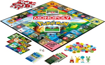 Planszówka Monopoly Pokemon: kolorowa plansza, pionki Pokemonów, karty, żetony Pokeballi, widok z góry.