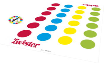 Gra Twister: biała mata z rzędami czerwonych, niebieskich, żółtych, zielonych kółek i spinner, widok z góry pod kątem.