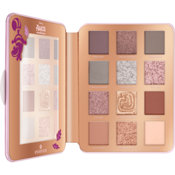 Otwarta miedziana paleta cieni essence Disney Alice, 12 beżowo-brązowych odcieni, matowych i błyszczących.