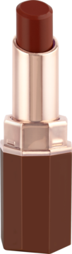 Catrice Espresso Yourself Mocha Mousse shimmering nude lipstick, open, in an upright rose gold and brown octagonal case.