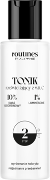 Biała butelka toniku rozświetlającego routines BY ALKMIE z czarną nakrętką, 10% kwas askorbinowy, widok z przodu.