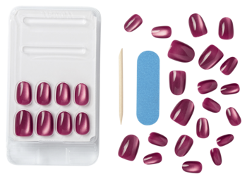 Zestaw Kiss Gel Fantasy Magnetic: krótkie, owalne paznokcie w burgundzie z welurowym efektem, w tacce i luzem, z akcesoriami.