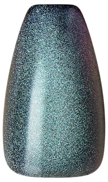 KISS Gel Fantasy Magnetic, paznokieć żelowy typu trumienka, iskrzący turkus z fioletowymi refleksami.