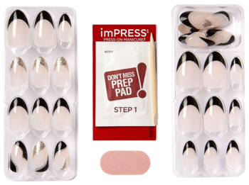 Zestaw Impress Press-On Manicure: 30 paznokci french z czarnymi końcówkami i złotem, migdałowy kształt, prep pad.