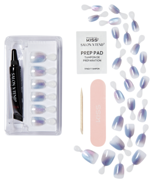 Zestaw Kiss Salon X-Tend LED: ombre, opalizujące, coffin tipsy. Widoczny klej, pilnik, prep pad, rozsypane paznokcie.
