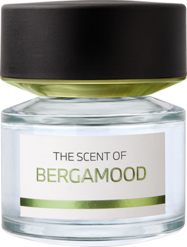 Woda perfumowana Bergamood w szklanej butelce z czarną nakrętką i zielonym napisem, widok z przodu.