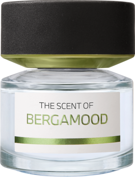 BERGAMOOD WODA PERFUMOWANA w szklanej butelce, czarna zakrętka, biała etykieta z zielonym napisem, widok z przodu.