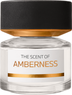 Amberness woda perfumowana: elegancki szklany flakon z czarną nakrętką i złotym paskiem na etykiecie, z przodu.