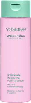 Różowa butelka YOSKINE ONSEN YOGA Push-up Lotion z Kombuchą i zieloną nakrętką, widok z przodu.