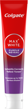 Czerwono-fioletowa tubka pasty Colgate Max White Purple Reveal, widok z przodu, z napisem korygującym żółte tony.