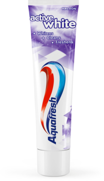 Aquafresh Active White pasta do zębów w biało-fioletowej tubie, widoczny napis "Aquafresh" i logo, widok z przodu.