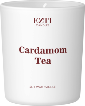 Biała świeca sojowa Cardamom Tea EZTI w szklanym słoiku, widok z przodu, brązowe napisy: Cardamom Tea, Soy Wax Candle.