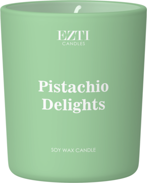 Świeca sojowa Pistachio Delights w jasnozielonym, cylindrycznym szklanym pojemniku z białym knotem, widok z przodu.