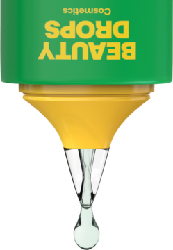 Zbliżenie na zielono-żółte Beauty Drops Cosmetics. Z aplikatora spływa kropla serum zwężającego pory.