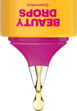 Beauty Drops Cosmetics rozświetlające krople z witaminą C, złota kropla serum wydobywająca się z aplikatora.