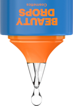 Zbliżenie na zakraplacz niebiesko-pomarańczowego serum Beauty Drops, z którego spada nawilżająca kropla.