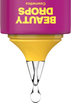 Zbliżenie na fioletowo-żółtą butelkę STIMULATE DROPS z aplikatorem i spadającą kroplą serum.