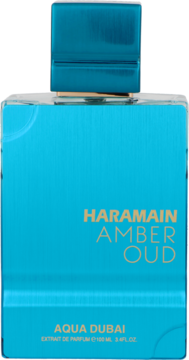 Al Haramain Amber Oud Aqua Dubai, turkusowy flakon perfum o szczotkowanej teksturze, z metaliczną nakrętką, widok z przodu.
