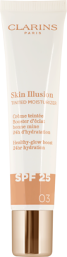 Clarins Skin Illusion Tinted Moisturizer SPF 25, biała tuba z odcieniem 03 dla promiennej cery.