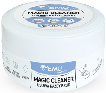 Biała, okrągła tuba uniwersalnej pasty czyszczącej EMU Magic Cleaner, z napisem 'USÙWA KAŻDY BRUD', widok z góry.