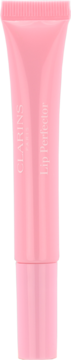 Clarins Lip Perfector Soft Pink Glow, błyszczyk w różowej tubce, widok z przodu, na pastelowym tle.
