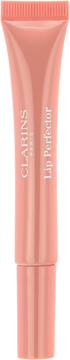 Błyszczyk Clarins Lip Perfector w odcieniu Rosewood Shimmer, różowo-brzoskwiniowa tubka z napisem, widok z przodu.