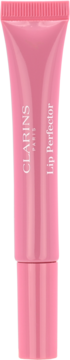 Różowy błyszczyk Clarins Lip Perfector Toffee Pink Shimmer w tubce, widok z przodu, z napisem Clarins.