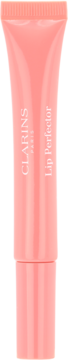 Clarins Lip Perfector, błyszczyk Candy Shimmer w różowej tubce. Zapewnia efekt gładkich, pełniejszych ust. Widok z przodu.