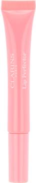 Różowy błyszczyk Clarins Lip Perfector Rose Shimmer w tubce, widok z przodu, z białymi napisami.