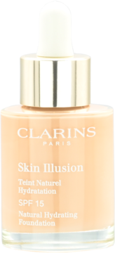 Clarins Skin Illusion 112C Amber podkład SPF 15 w szklanej butelce z dropperem, widok z przodu.