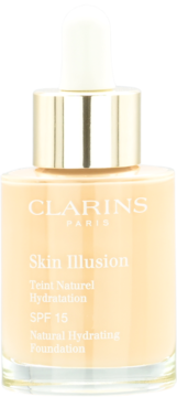 Clarins Skin Illusion lekki podkład nawilżający SPF 15 w szklanej butelce z zakraplaczem, widok z przodu.
