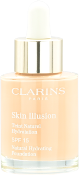 Clarins Skin Illusion podkład SPF15, jasnobeżowy płyn w szklanej butelce z pipetą, złota zakrętka, widok z przodu.