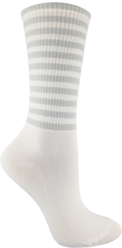 Białe skarpetki damskie Marilyn Bambo stripes z włókna bambusowego z szarymi paskami, na stopie.