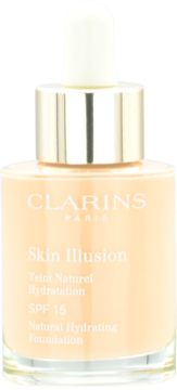 Nawilżający podkład Clarins Skin Illusion 108W Sand SPF 15 w szklanej butelce z kroplomierzem, widok z przodu.