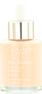 Clarins Skin Illusion Natural Hydrating Foundation SPF 15 w beżowej butelce z kroplomierzem, widok przodem.