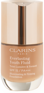 Clarins Everlasting Youth Fluid, rozświetlający i ujędrniający podkład w beżowej butelce z pompką, widok z przodu.