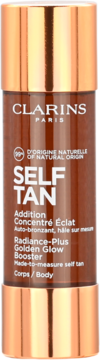 Clarins Self Tan Radiance-Plus Golden Glow Booster, brązowa butelka z miedzianym wieczkiem, widok z przodu.