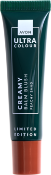AVON Ultra Colour Creamy Balm Blush Peachy Sand, zielona tubka z rdzawą nakrętką, widok z przodu.