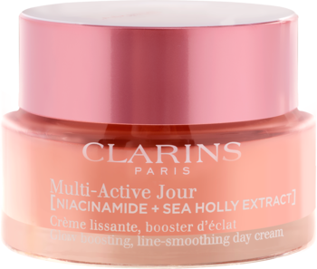 Clarins Multi-Active Jour krem na dzień z niacynamidem i ostrokrzewem, różowy słoik, przód.