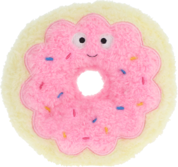 Pluszowy donut z kremową krawędzią, różową polewą, kolorowymi posypkami i uśmiechniętą buzią, widok z przodu.