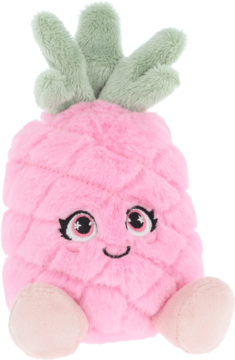 Różowy, pluszowy ananas z zielonymi liśćmi i uśmiechniętą buzią, miękka maskotka dla dzieci, widok z przodu.